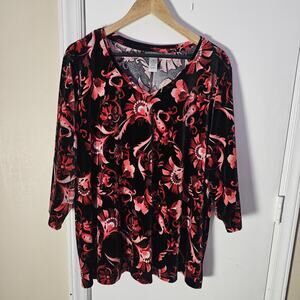 Catherines Poly Velvet 3/4 Sleeve Top Floral Sz 2X 22/24 Grunge Dark Romantic